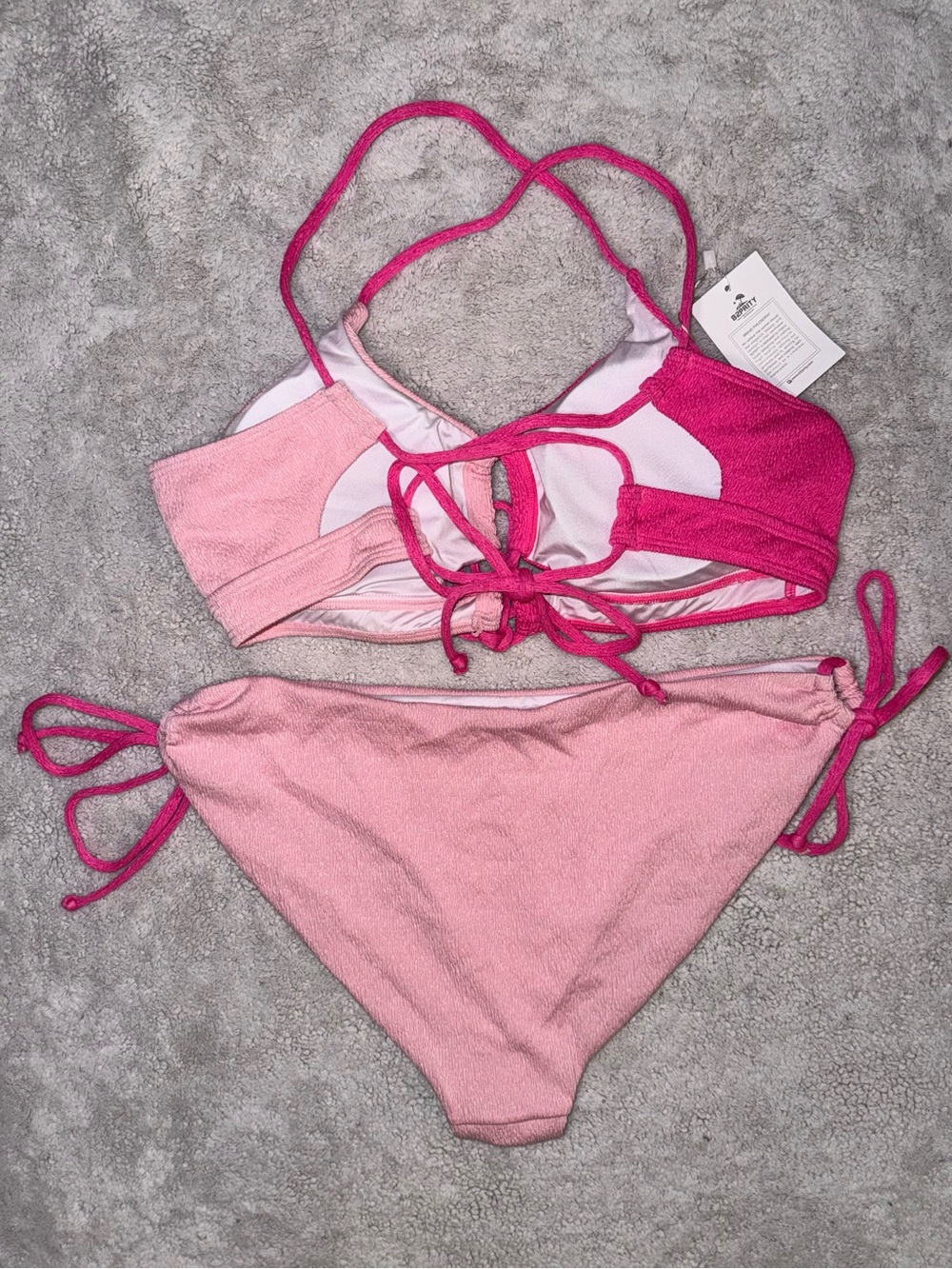 B2prity Two Tone Pink Bikini Set Textured Halter Tie Side Swimwear NWT - Picture 4 of 8